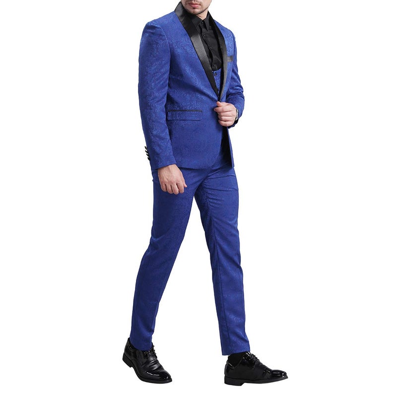YFFUSHI Men's Elegant Jacquard 3 Piece Suit Shawl Lapel Slim Fit Tuxedo Set Blue - Image 5